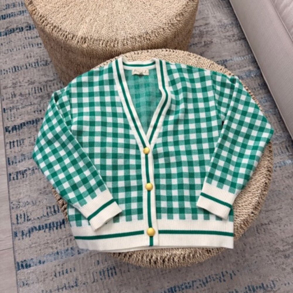 Marled Boutique Green Gingham Check Gold Button Cardigan Sweater Size XS